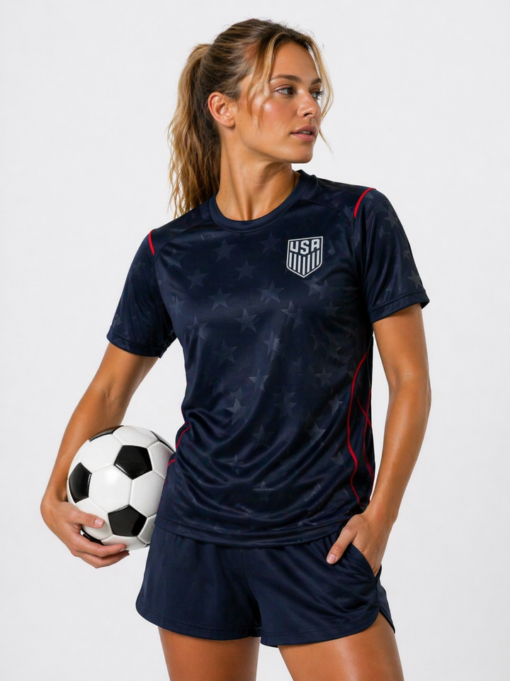 Athletic women's USA Soccer Team jersey, official sportswear for World Cup 2026 fans.