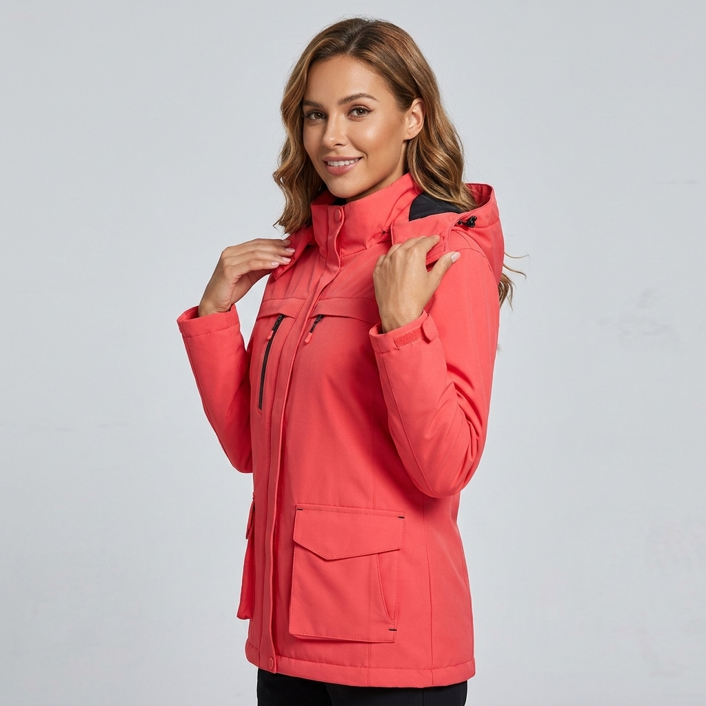 Women's USB heated hooded jacket, perfect for cold weather outdoor wear and winter adventures.