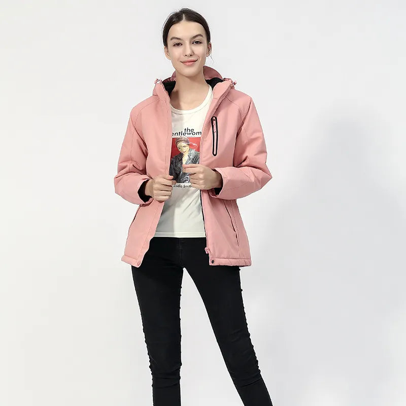 Women's USB heated jacket, black, hooded zip-up. Ideal for cold weather & outdoor adventures.
