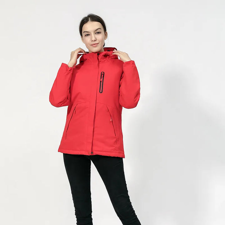 Full view of a women's electric heating jacket, zip-up design, ready for cold weather travel.
