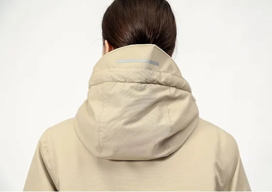 Modern women's hooded electric jacket, providing comfort & warmth for all outdoor activities.
