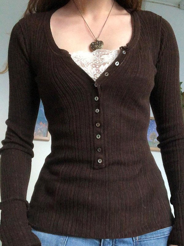Women's V-neck long sleeve top with stylish button-front design, perfect for casual everyday wear & versatile layering.