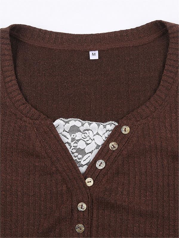 Stylish women's V-neck long sleeve top with elegant button-front detail, a must-have for autumn fashion.