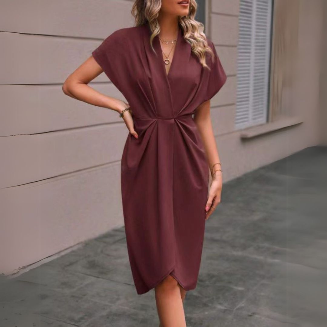 Elegant women's V-neck midi dress, perfect for work, business, or professional office wear, versatile style.
