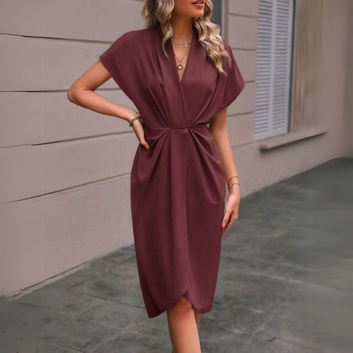 Elegant women's V-neck midi dress, perfect for work, business, or professional office wear, versatile style.