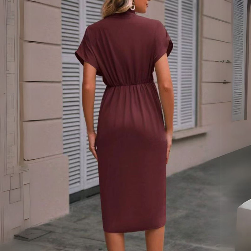 Sophisticated short sleeve V-neck midi work dress for women, ideal for professional office and business attire.