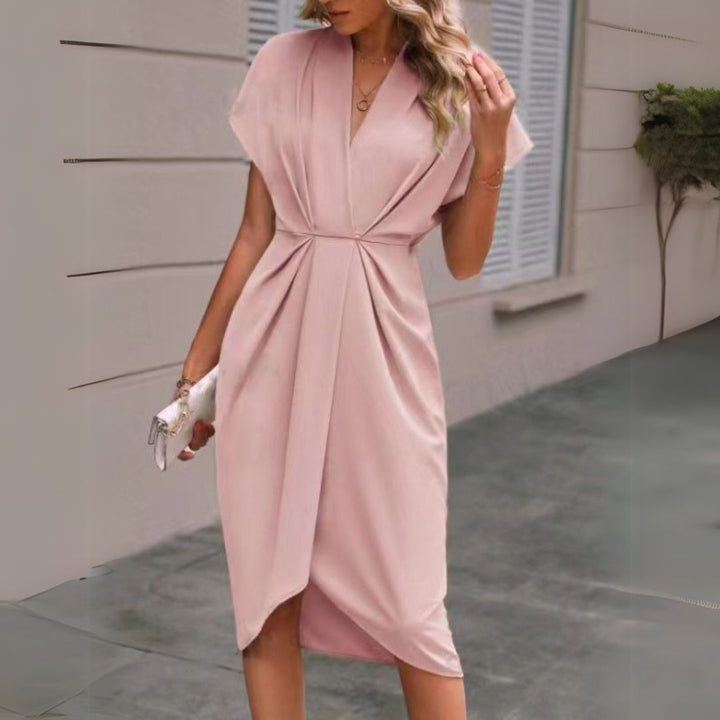 Effortless style: Women's elegant V-neck midi work dress. Professional short sleeve office wear, perfect business attire.