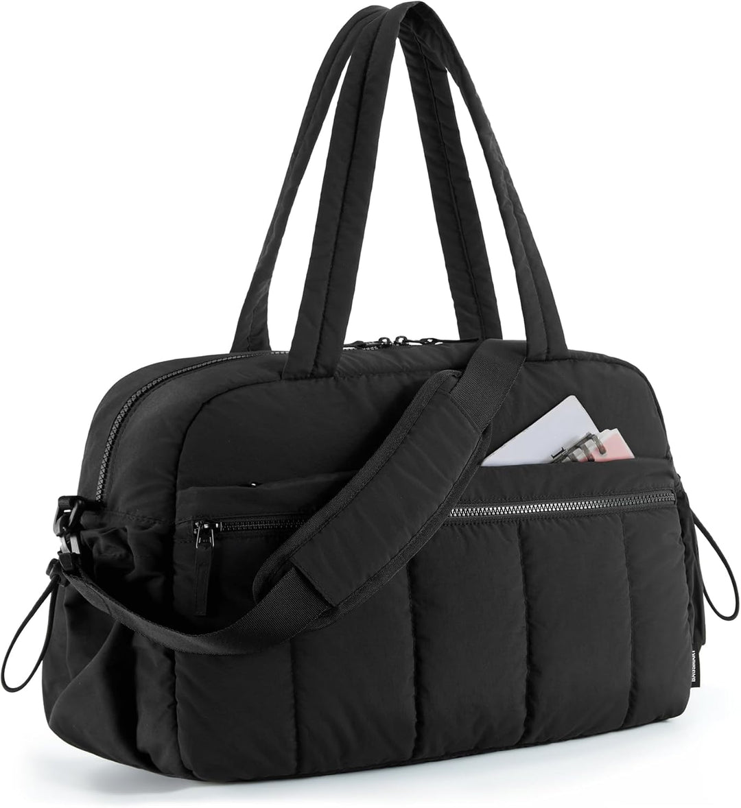 Beige women's duffle bag. Spacious travel, gym, or work carryall with a convenient outer pocket. Durable shoulder bag.