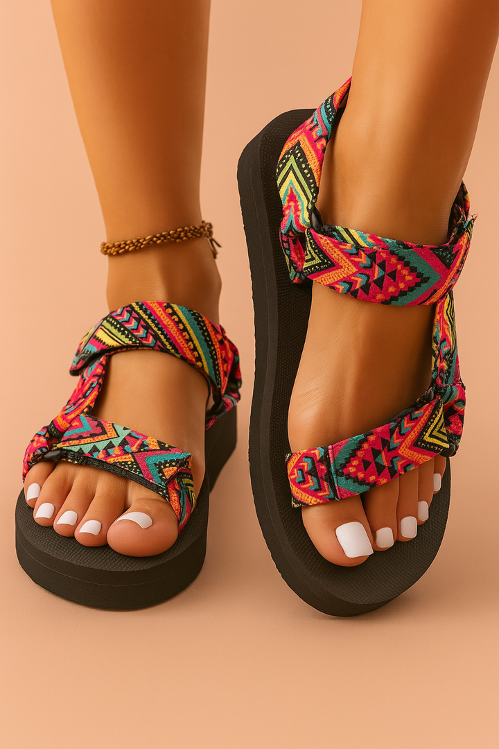 Women's vibrant ethnic strap summer sandals with colorful woven straps, perfect for casual wear & beach holidays.