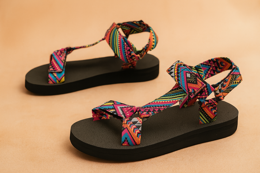 Comfortable women's summer sandals, featuring vibrant ethnic straps and open-toe design for fashionable beachwear.