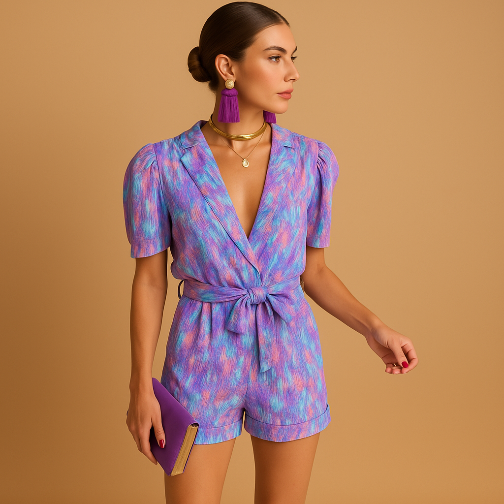 Playful women's short jumpsuit featuring a vibrant all-over print and stylish belt, ideal for summer vacations.