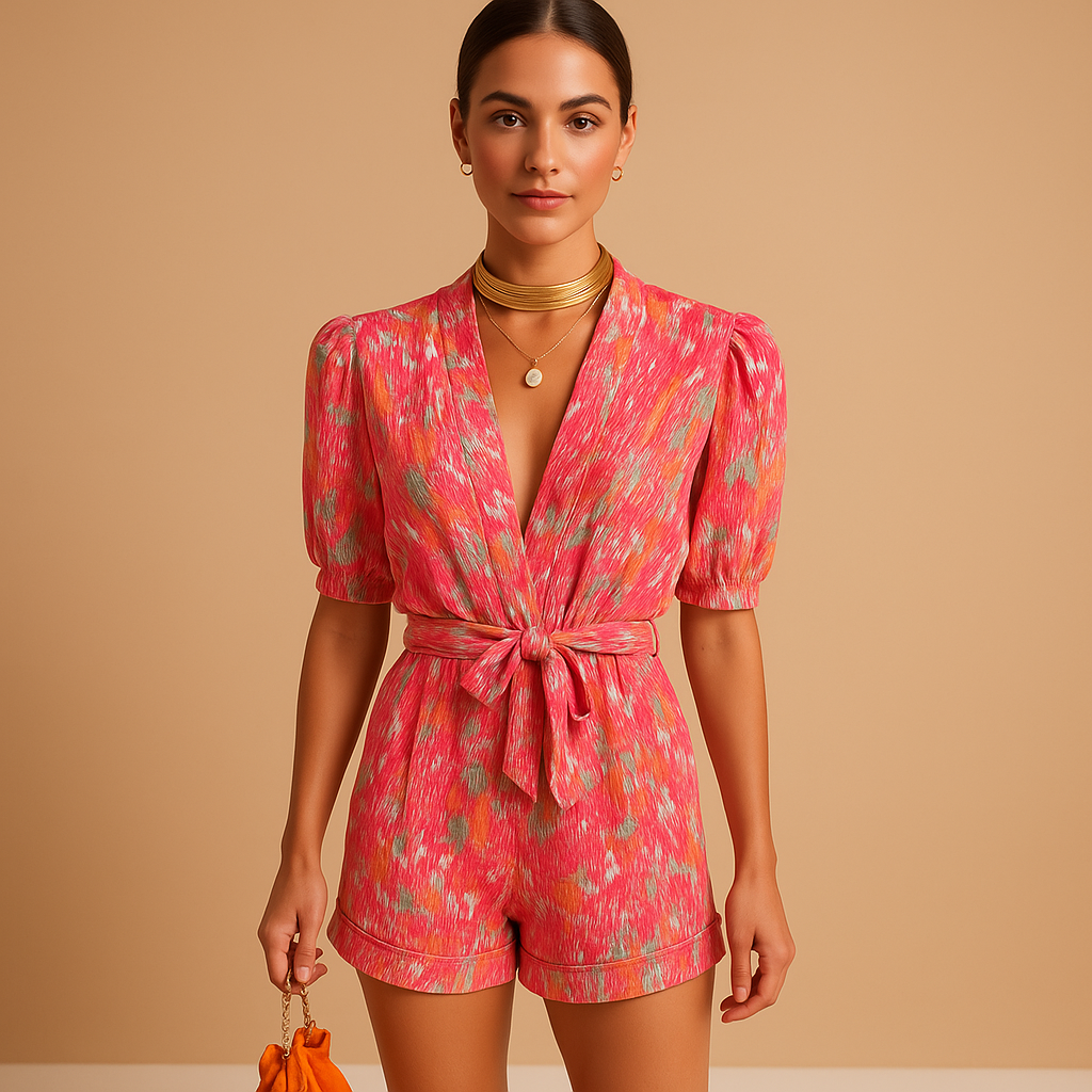 New arrival: Fashionable women's vibrant print short jumpsuit with belt, a comfortable casual summer outfit.