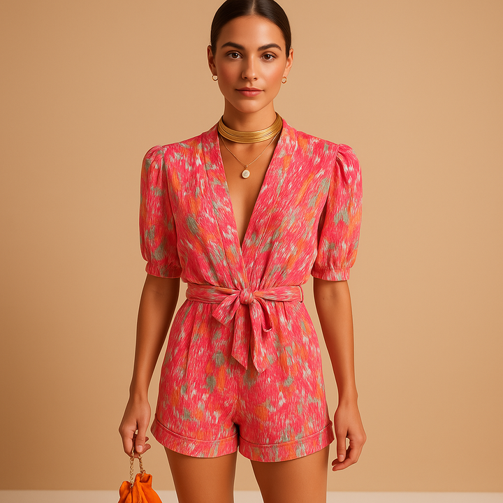 New arrival: Fashionable women's vibrant print short jumpsuit with belt, a comfortable casual summer outfit.