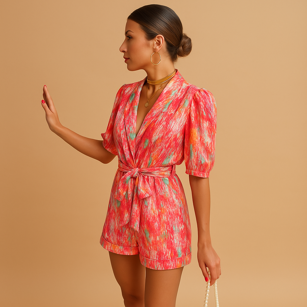Trendy women's short jumpsuit with a vibrant pattern and chic belt, perfect for warm-weather casual fashion.