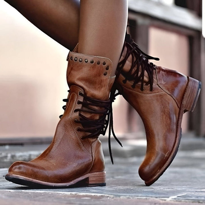 Stylish women's black lace-up ankle boots. Vintage comfort footwear for casual or elegant fall & winter.