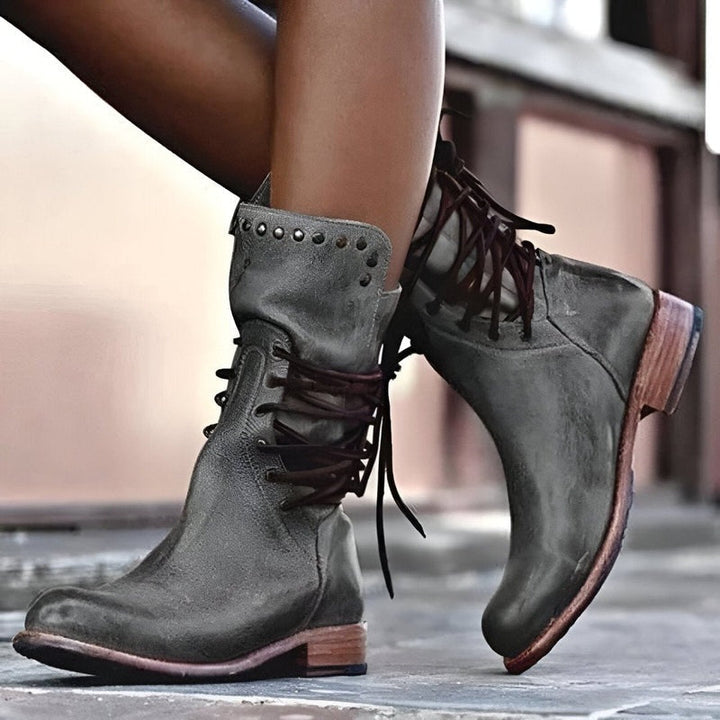 Elegant women's grey lace-up ankle boots with a vintage design. Chic and comfortable boots for fall & winter.