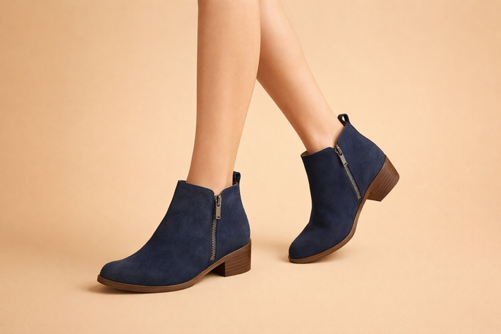 Blue vintage-inspired summer ankle boots for women. Fashionable, comfortable footwear for casual style.