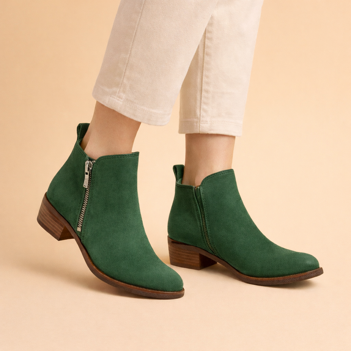 Green vintage-style women's summer ankle boots. Unique, comfortable footwear for stylish casual fashion.