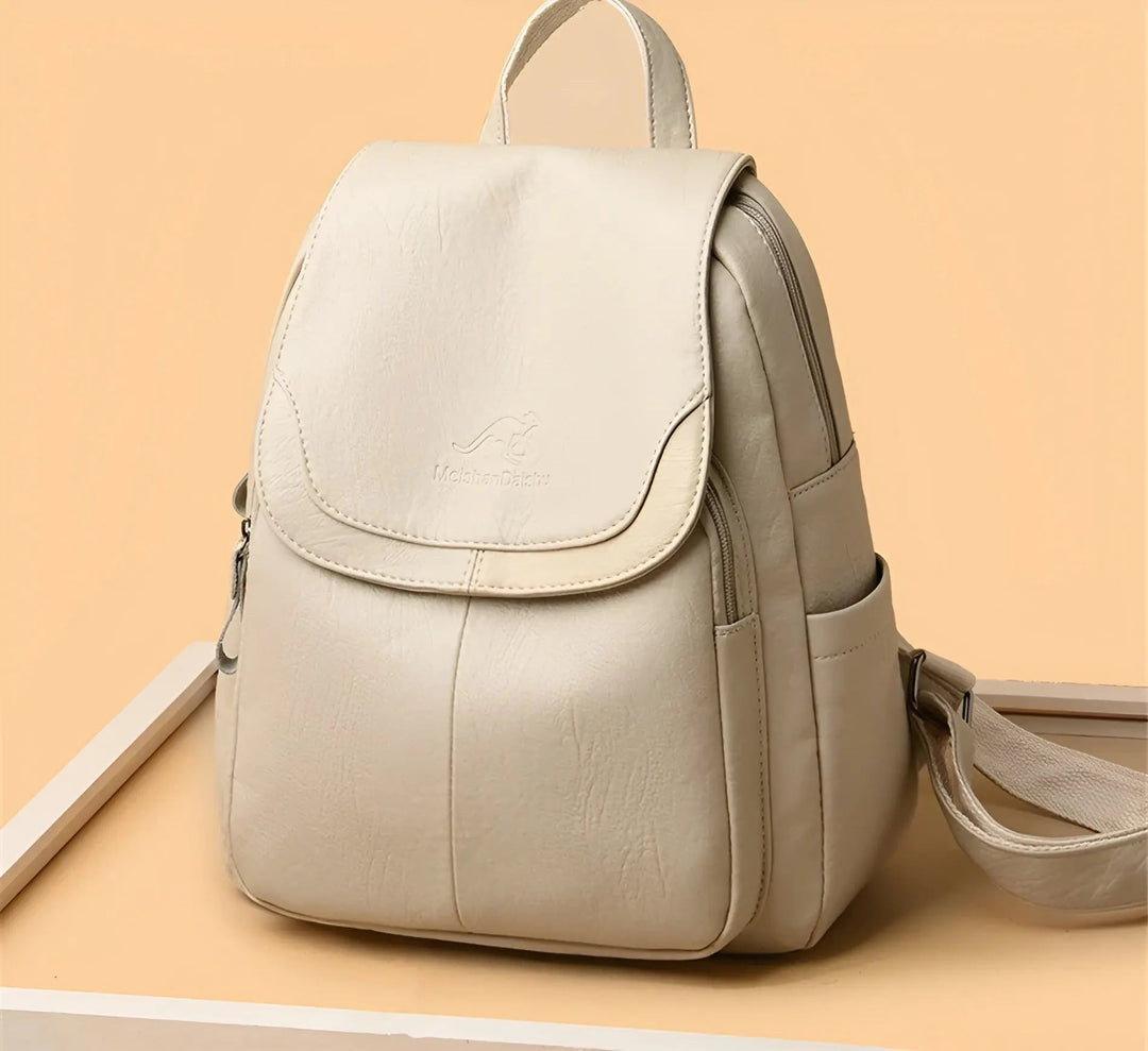High-quality hardware on a women's vintage leather anti-theft backpack, stylish & robust.