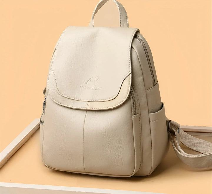 High-quality hardware on a women's vintage leather anti-theft backpack, stylish & robust.