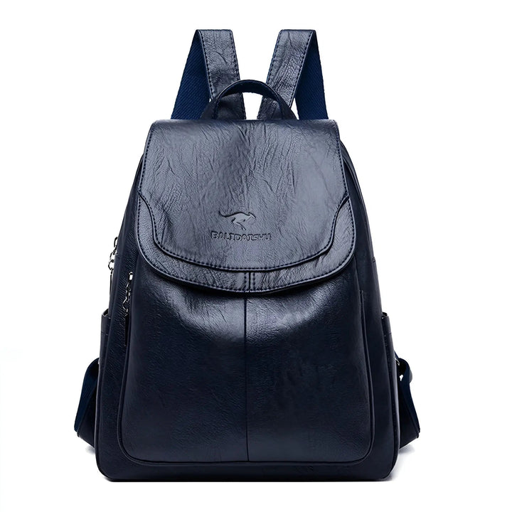 Stylish woman wearing a vintage leather anti-theft everyday backpack, perfect for urban adventures.