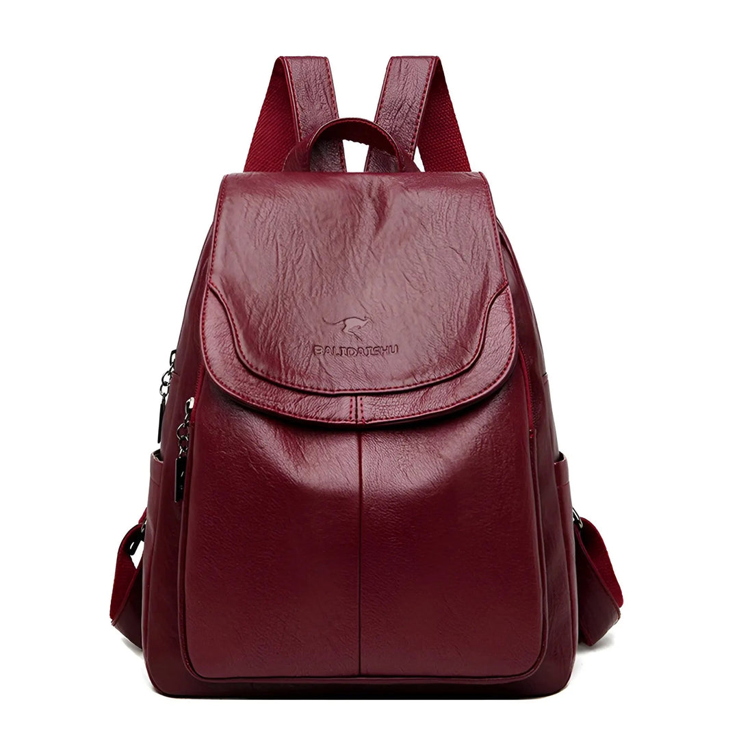 Professional woman with a chic vintage leather work backpack, secure anti-theft & practical.