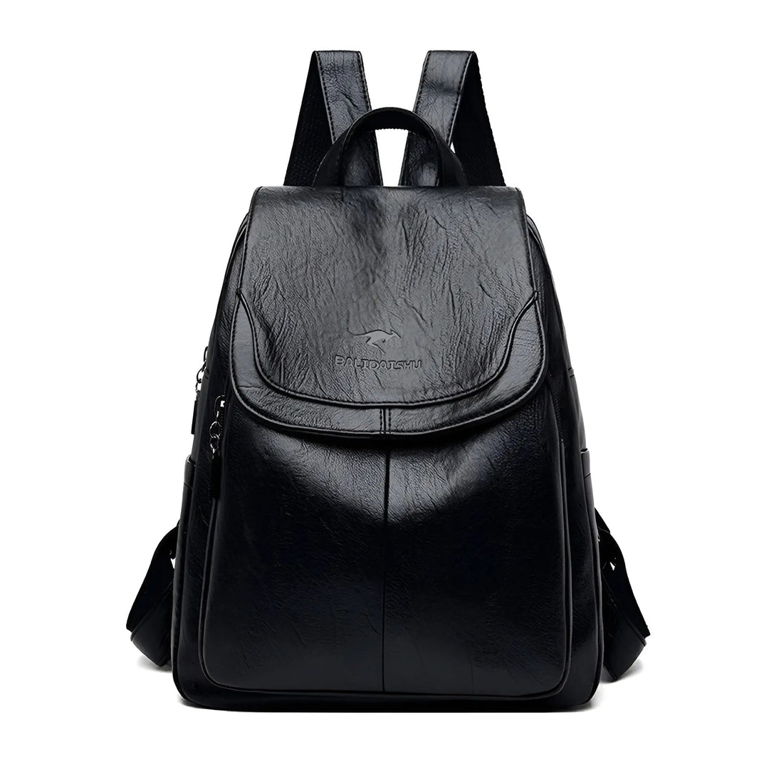 Secure anti-theft zipper on a women's vintage leather shoulder backpack, stylish and functional.
