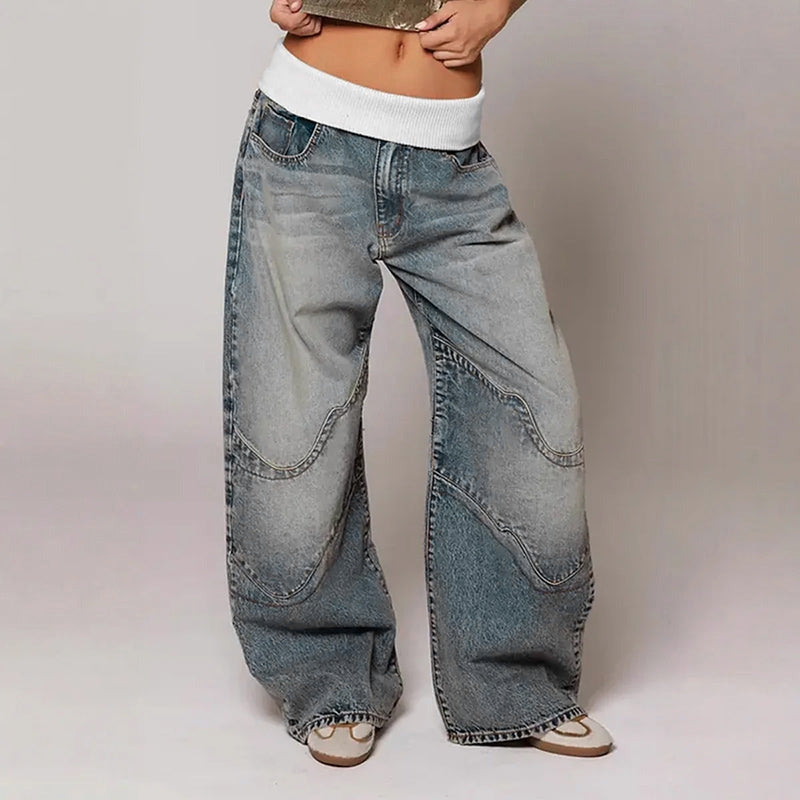Women's vintage style wide leg jeans. Relaxed fit denim for casual wear & effortless streetwear.