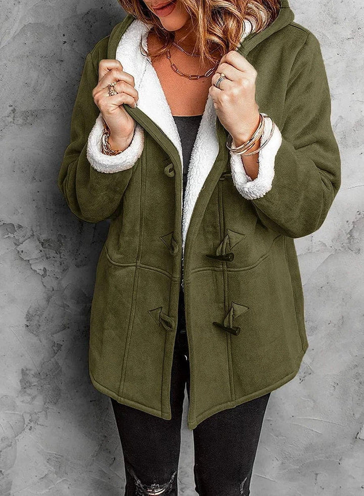 Black women's warm hooded winter coat, featuring cozy fabric and toggle buttons for stylish cold weather.