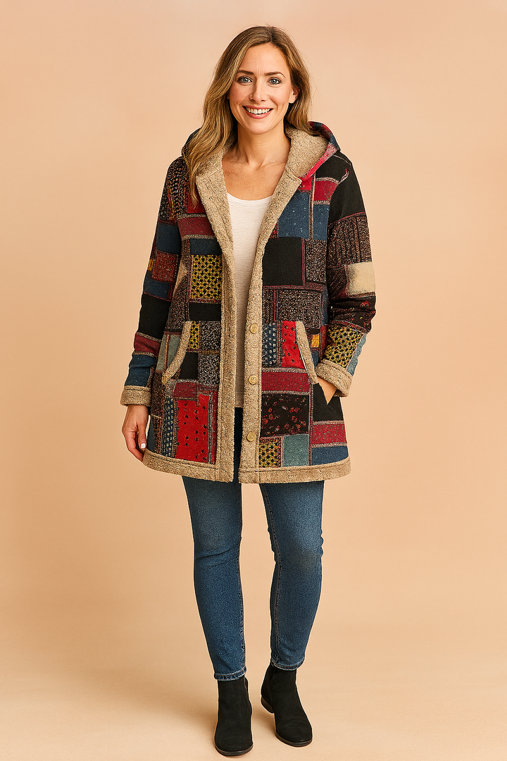 Women's warm patchwork hooded winter coat in a unique boho style, perfect for cozy outerwear.