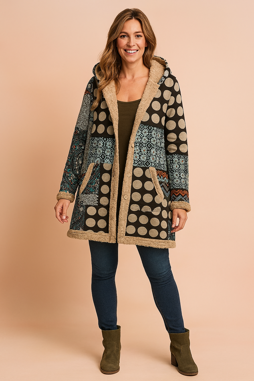 Colorful patchwork long hooded winter coat for women, offering a unique and warm boho fashion statement.