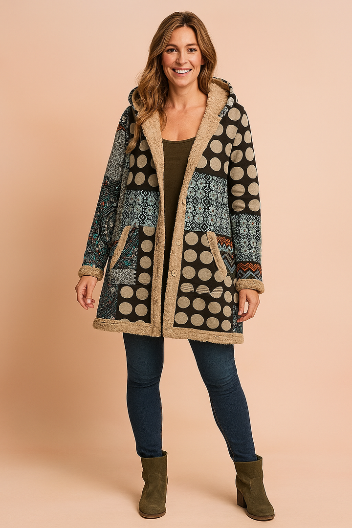 Colorful patchwork long hooded winter coat for women, offering a unique and warm boho fashion statement.