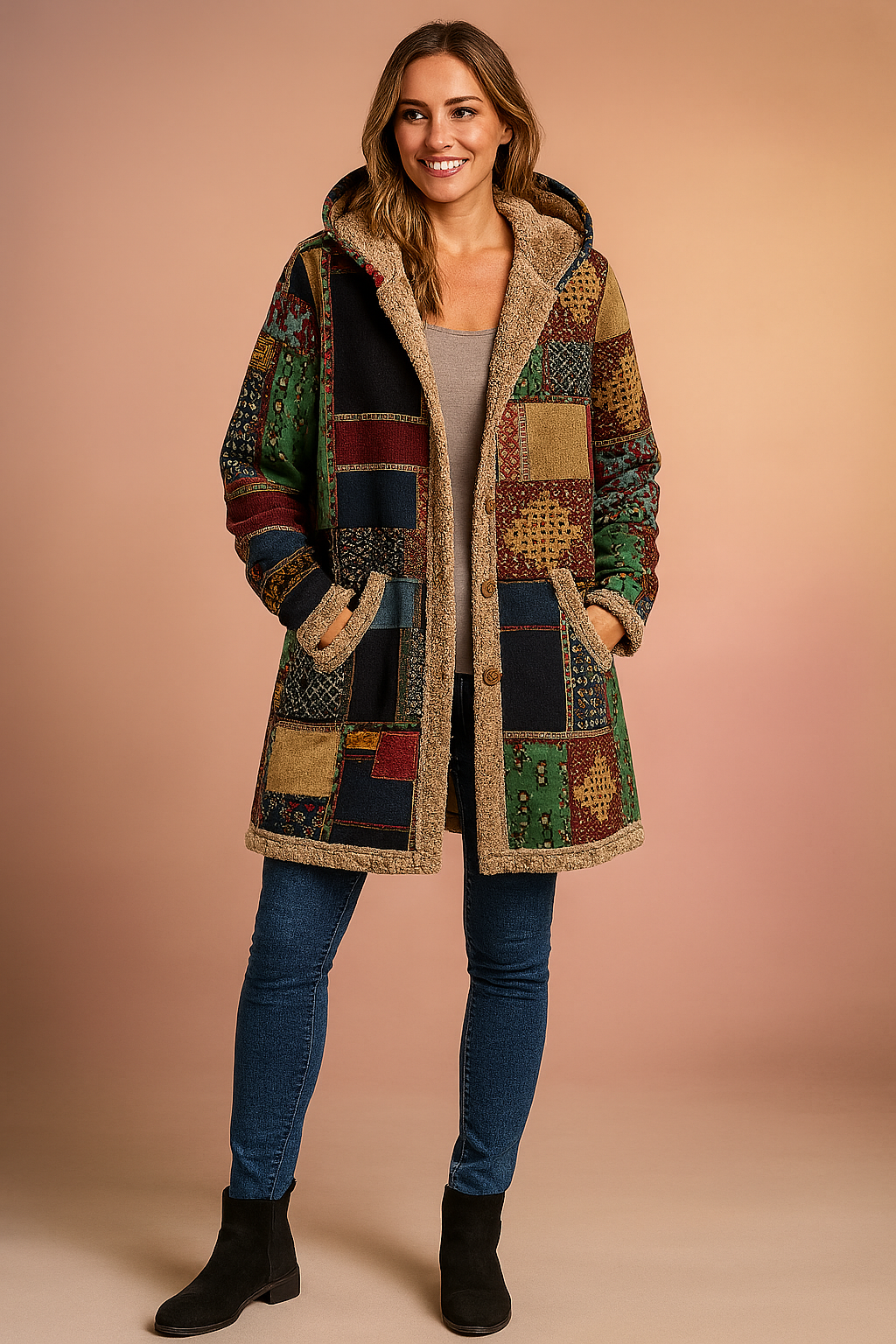 Cozy women's patchwork hooded winter jacket, a unique and warm long coat for stylish outerwear.