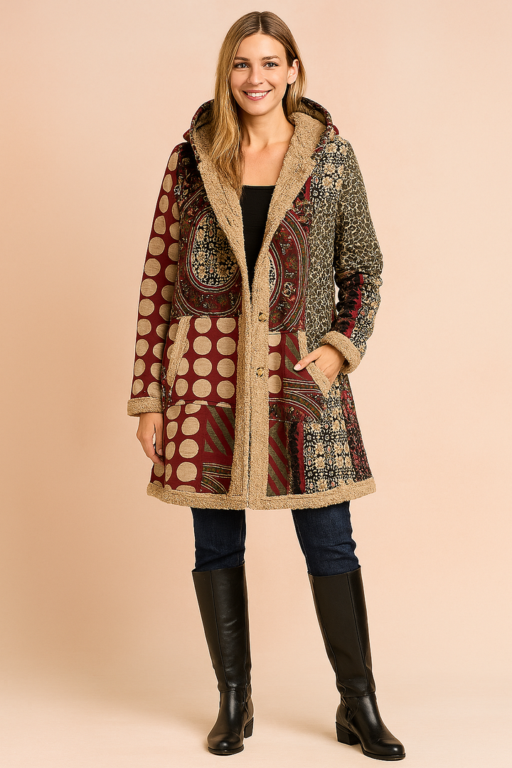 Unique women's hooded patchwork winter coat with a warm, colorful design, ideal for boho fashion outerwear.