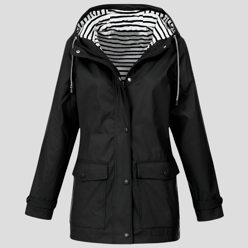 Stylish women's weatherproof rain jacket with hood. Ideal for spring, fall, travel & casual wear.