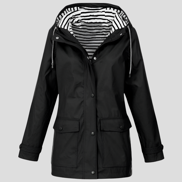 Stylish women's weatherproof rain jacket with hood. Ideal for spring, fall, travel & casual wear.