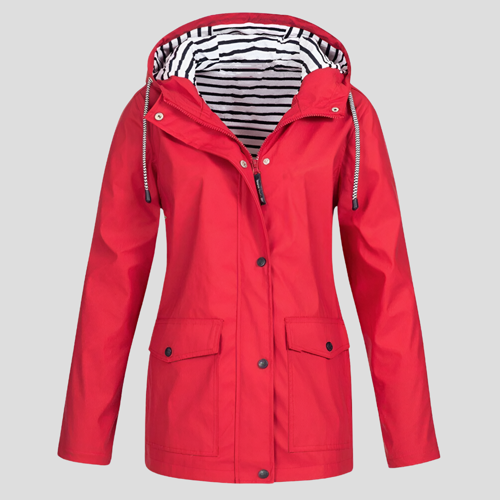 Women's rain jacket for urban commutes or outdoor trips. Features a protective hood & water-resistant fabric.