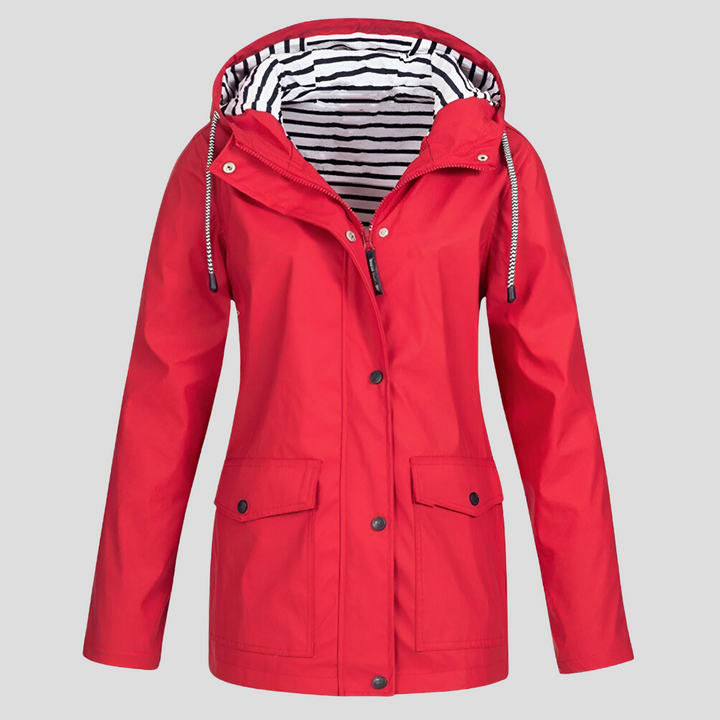 Women's rain jacket for urban commutes or outdoor trips. Features a protective hood & water-resistant fabric.