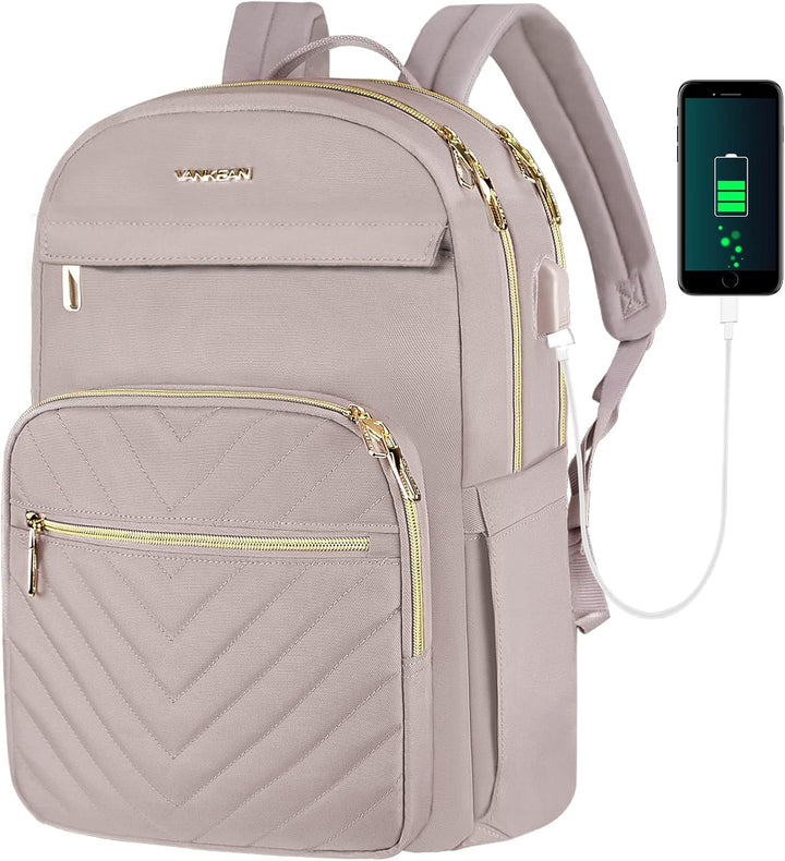 Women's waterproof 15.6" laptop backpack with USB port, ideal for commute, travel, work, or school use.