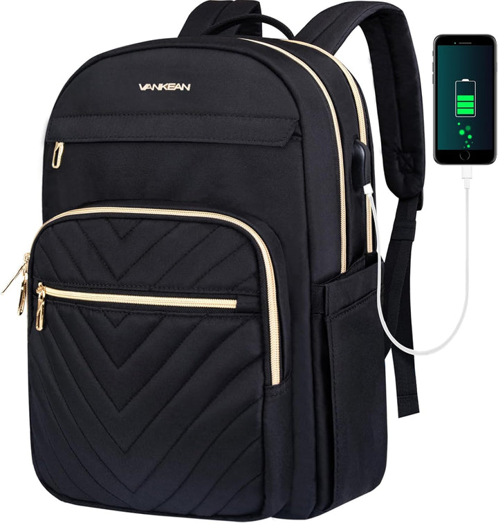 Slim women's waterproof tech backpack for 15.6-inch laptops, featuring a convenient USB charging port.