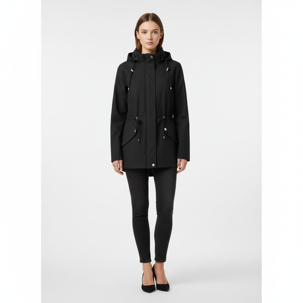Women's waterproof hooded rain jacket with adjustable drawstring waist and functional pockets, perfect for spring.