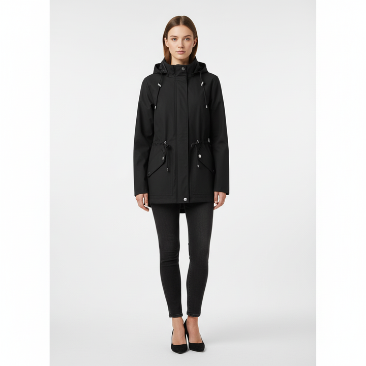 Women's waterproof hooded rain jacket with adjustable drawstring waist and functional pockets, perfect for spring.