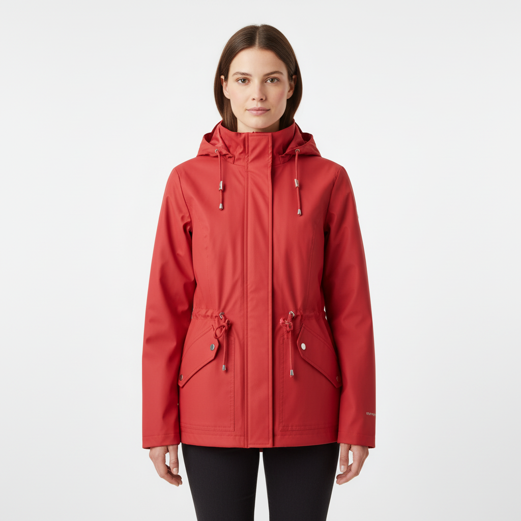 Waterproof women's hooded rain jacket, windbreaker style, featuring a practical drawstring waist & pockets.