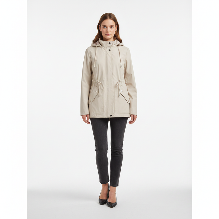 Comfortable women's hooded rain jacket with adjustable drawstring waist & deep pockets; a stylish spring outerwear.