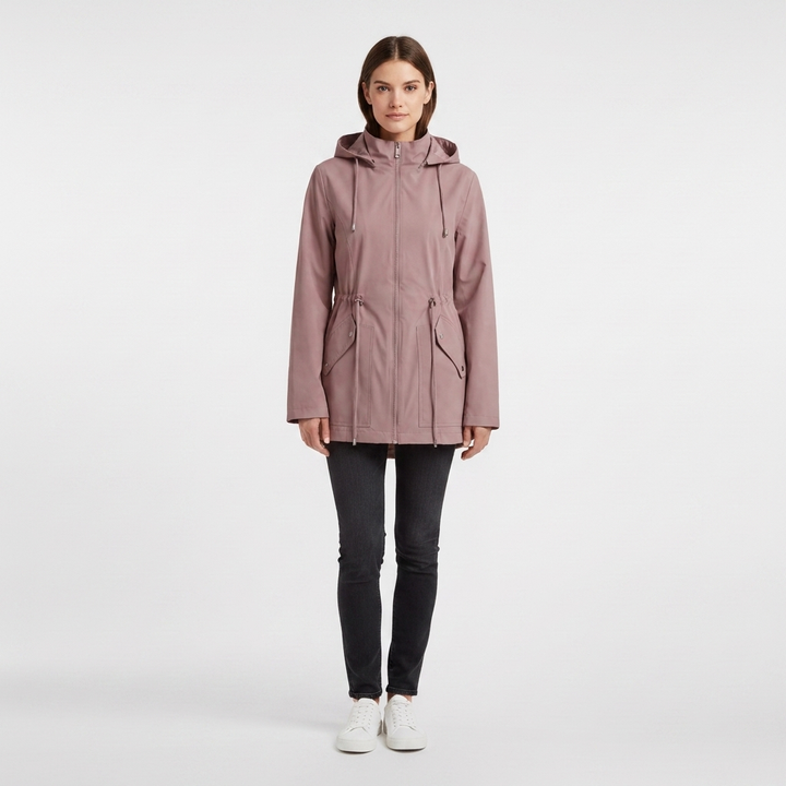 Versatile women's hooded rain jacket, lightweight & waterproof, with drawstring waist, suitable for fall & travel.