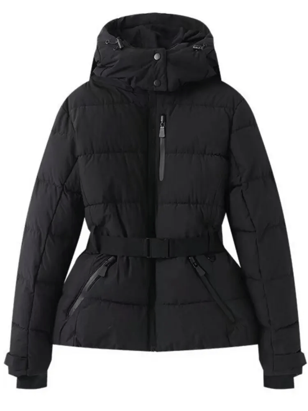 Stylish women's belted puffer ski jacket, waterproof & insulated for ultimate warmth on the slopes.