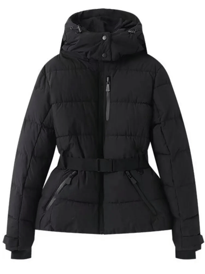 Stylish women's belted puffer ski jacket, waterproof & insulated for ultimate warmth on the slopes.