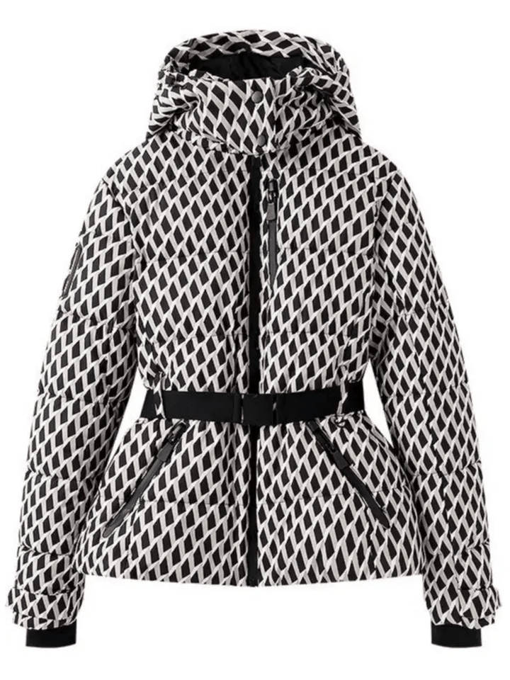 Activewear women's insulated snow jacket with belt. Waterproof outerwear perfect for winter sports.