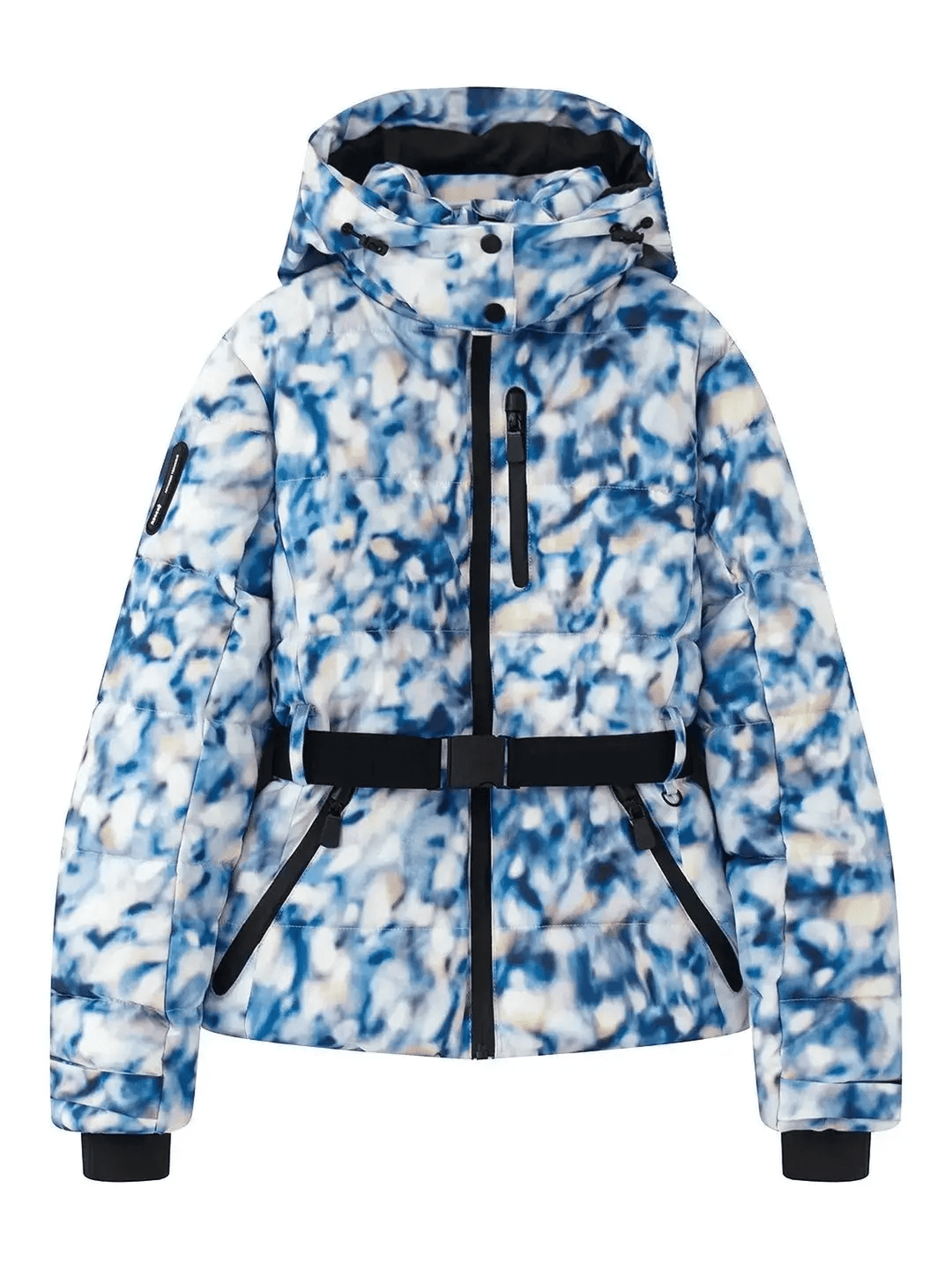 Durable women's cold weather puffer jacket with belt, waterproof and insulated for skiing and snow.