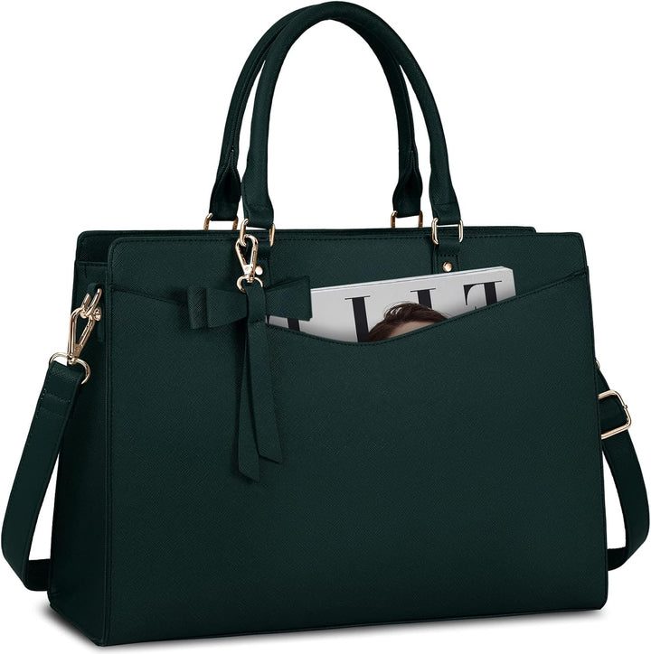Women's waterproof PU leather laptop tote bag, multi-pocket design for organized professionals.